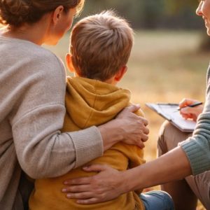 Vanhempi, lapsi ja perhetyöntekijä yhdessä ulkona. Tilanne kuvaa perheelle tarjottavaa tukea, avun vastaanottamista ja arjen kannattelua.